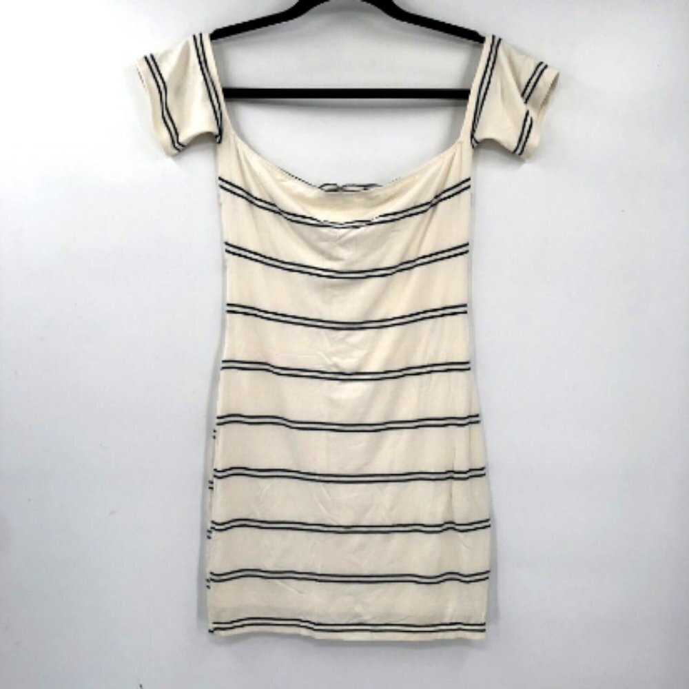 OLIVACEOUS Off Shoulder Striped Body Con Dress Ivory Cream Stretch Jersey M Mini